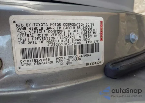 2000 Toyota Camry Le z USA, uszkodzony, nr VIN JT2BG22K8Y0409608